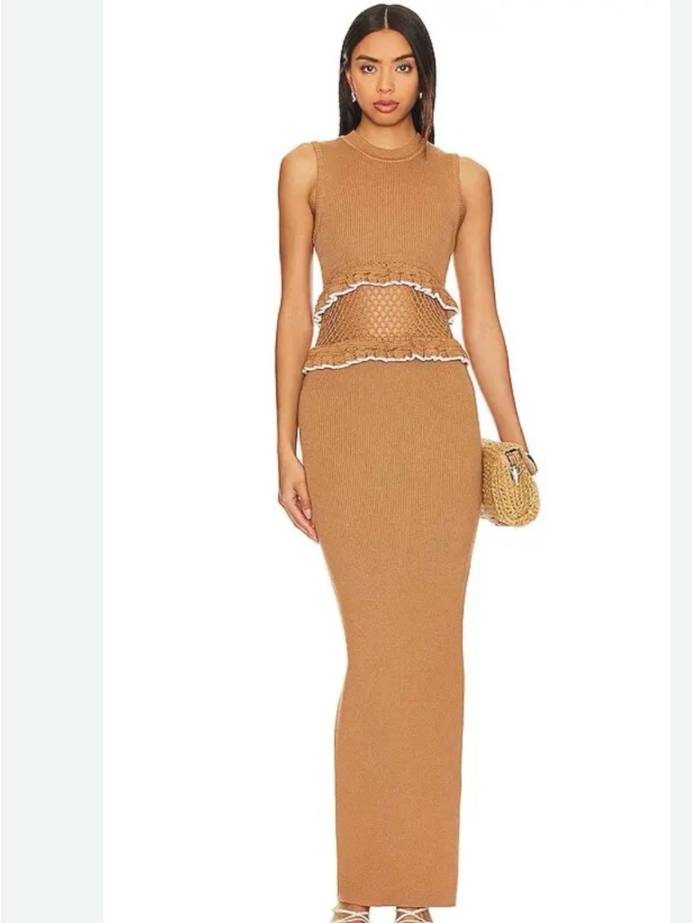 Tularosa Keiran Maxi Dress in Dark Camel Knit Crochet Panel Ruffle Trim